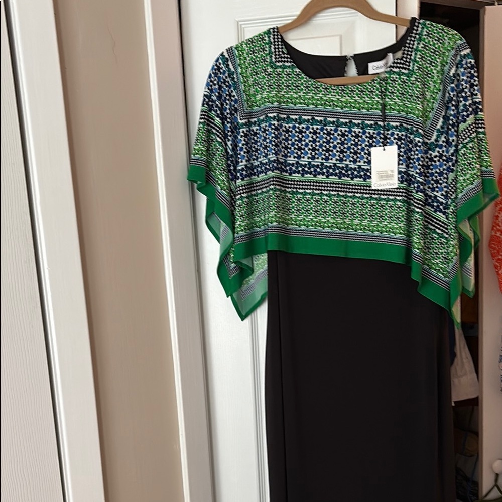 Chaps Black Dress with Blue and Green Overlay
